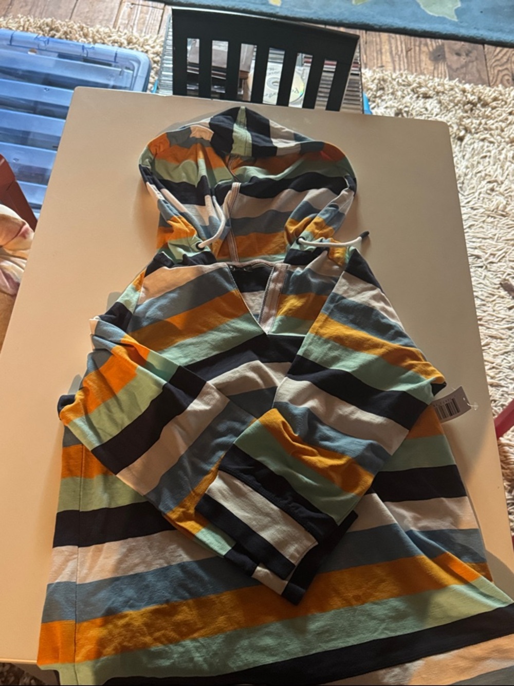 Tribal Striped Hooded Tunic in Mustard, Teal, Navy & Cream